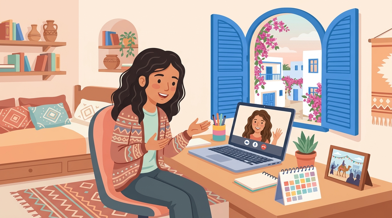 Dans sa chambre lumineuse, une fille tunisienne parle en appel vidéo avec sa correspondante américaine